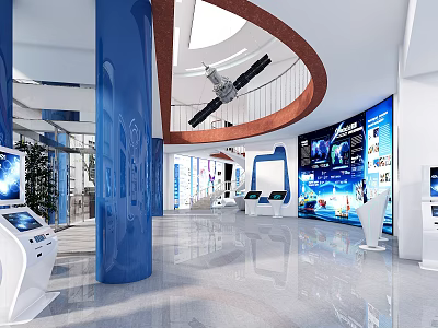 Modern Space Technology Exhibition Hall With Satellite Model Blue Columns And Interactive Displays 3d model