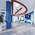Modern Space Technology Exhibition Hall With Satellite Model Blue Columns And Interactive Displays 3d model