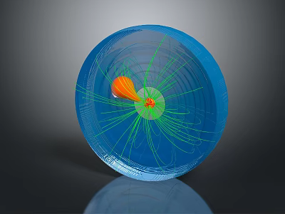 Blue Transparent Sphere Model With Orange Object Green Lines And Red Central Point 3d model