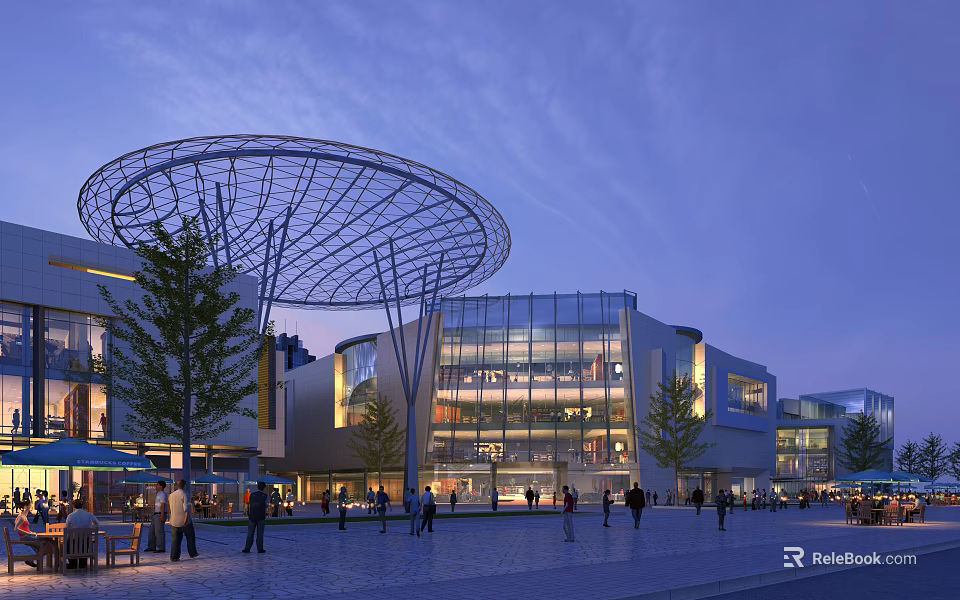 Modern Commercial Street With Glass Facades Metal Roof Structure And Pedestrians In Evening 3d model 