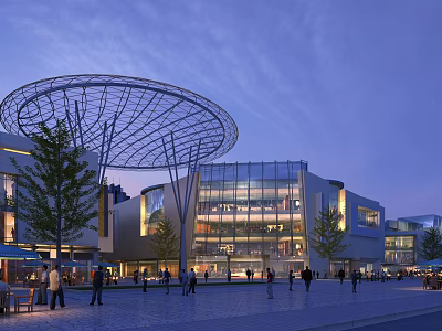 Modern Commercial Street With Glass Facades Metal Roof Structure And Pedestrians In Evening 3d model