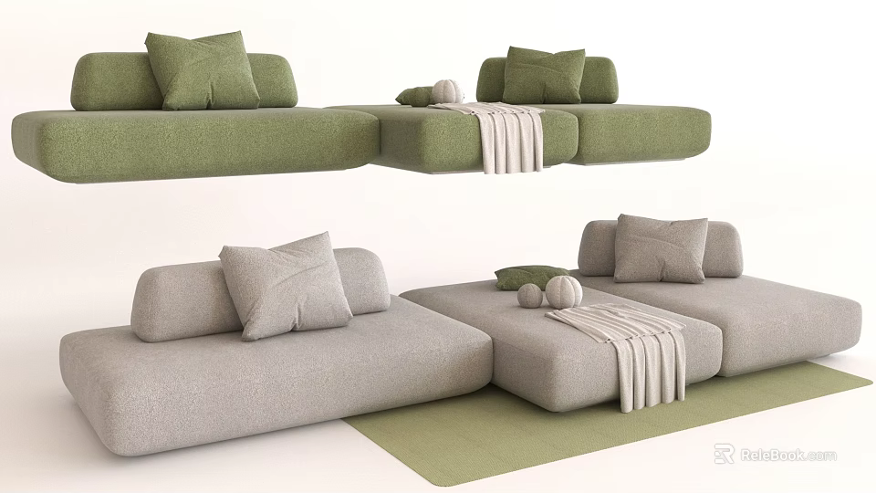 Modular Green And Gray Sofa Set With Pillows And Soft Blankets 3d model 