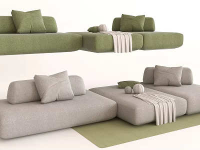 Modular Green And Gray Sofa Set With Pillows And Soft Blankets 3d model