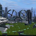 Modern Swing Doors In Futuristic Sci Fi City With Skyscrapers And Suspended Buildings