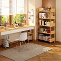 Study Room Interior With Desk White Chair Wooden Bookshelf And Bright Light Through Blinds