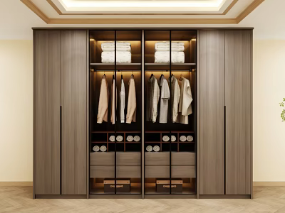 Modern Wooden Wardrobe With Glass Doors Hanging Clothes And Storage Space 3d model