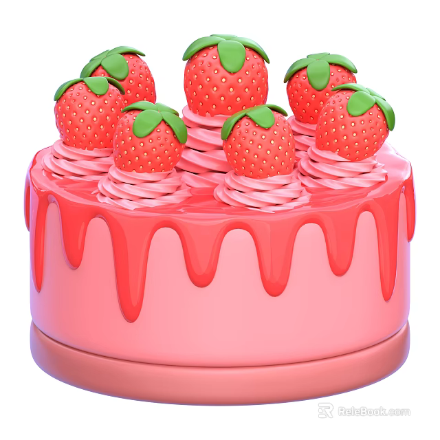 Delicious Pink Strawberry Cake Topped With Fresh Strawberries And Dripping Frosting 3d model 