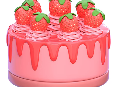Delicious Pink Strawberry Cake Topped With Fresh Strawberries And Dripping Frosting 3d model