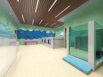 Ocean Themed Shopping Mall Store With Blue Walls Wave Patterns And Glass Display Cases 3d model