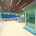 Ocean Themed Shopping Mall Store With Blue Walls Wave Patterns And Glass Display Cases