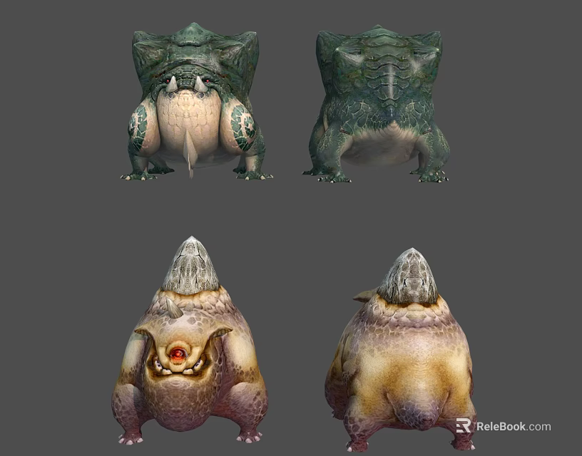 Various Fantasy Creature Character Designs With Rock Like Tops And Eye Features 3d model