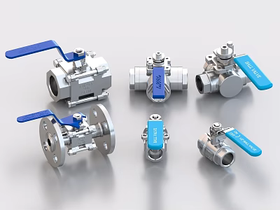 Industrial Stainless Steel Ball Valves with Various Types and Blue Handles 3d model