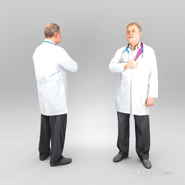 Men Dressed as Doctors in White Coats With Stethoscope Front and Back Views 3d model 