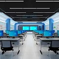 Modern Monitoring Room Interior With Multiple Computer Monitors Desks And Blue White Decor