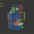 Industrial Heavy Duty Press Machine Featuring Gray Body Blue Components Yellow Warning Signs Safety Railings
