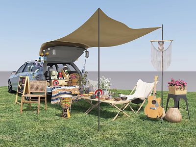 Outdoor Table Setup For Camping With Canopy Car Chairs And Decorative Items On Grass 3d model