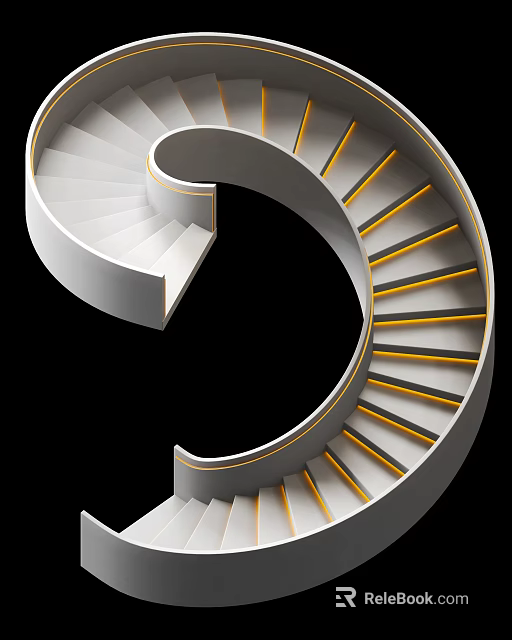 Elegant Modern Spiral Staircase Design With White Structure And Gold Striped Steps 3d model 
