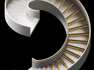 Elegant Modern Spiral Staircase Design With White Structure And Gold Striped Steps 3d model