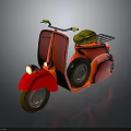 Red Vintage Scooter with Yellow Green Checkered Seat and Glossy Reflection on Dark Background