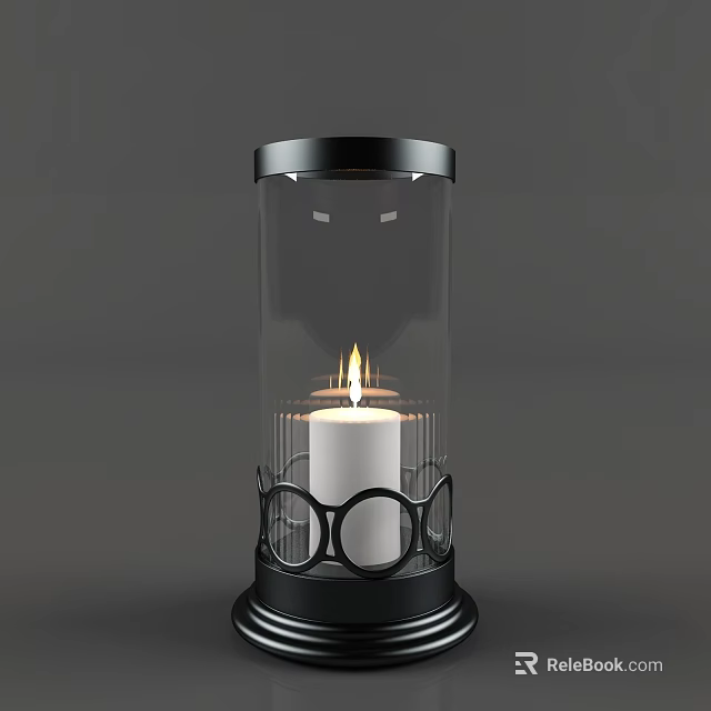 Modern Candle Lamp With Transparent Glass Shade Black Base And Burning Candle 3d model 