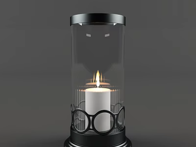 Modern Candle Lamp With Transparent Glass Shade Black Base And Burning Candle 3d model