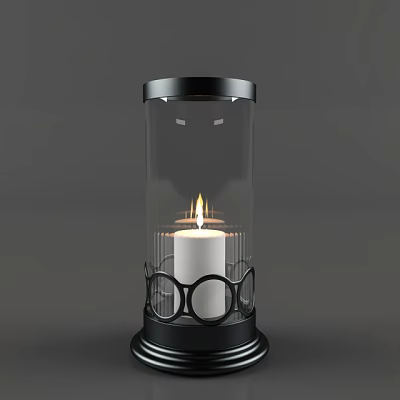 Modern Candle Lamp With Transparent Glass Shade Black Base And Burning Candle 3d model