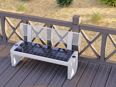 Solar Powered Outdoor Bench On Wooden Deck With Railing Sandy Ground And Green Plants 3d model