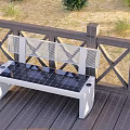 Solar Powered Outdoor Bench On Wooden Deck With Railing Sandy Ground And Green Plants