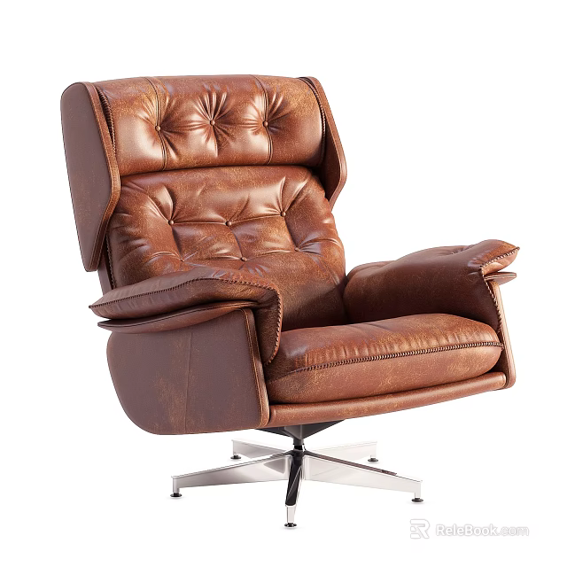 Brown Leather Accent Chair With Button Tufted Backrest Seat Cushion Wide Armrests And Metal Base 3d model 