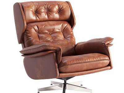 Brown Leather Accent Chair With Button Tufted Backrest Seat Cushion Wide Armrests And Metal Base 3d model
