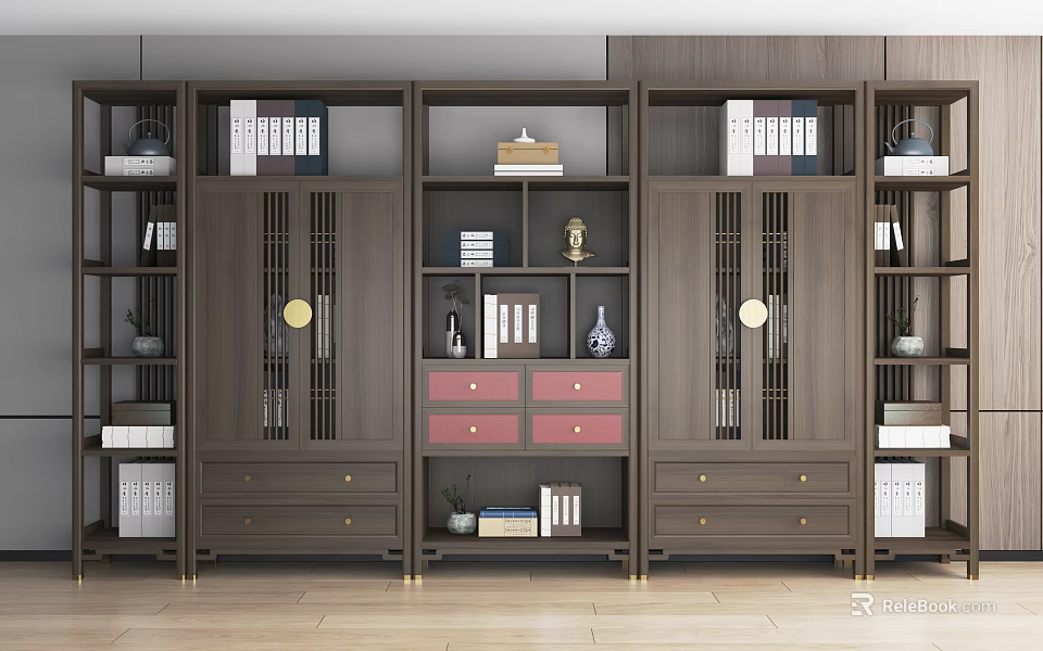Chinese Style Wooden Bookcase With Multiple Compartments Red Drawers And Decorative Items 3d model 