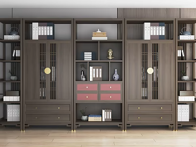 Chinese Style Wooden Bookcase With Multiple Compartments Red Drawers And Decorative Items 3d model