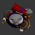 Anthropomorphic Cat Game Movie Character In Purple Outfit With Swords And Decorative Backpack
