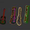 Acoustic Guitar With Open Closed And Unfolded Brown Green Cases On Dark Background