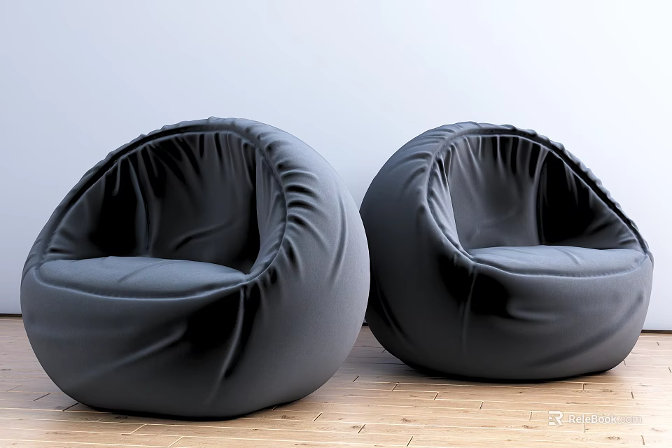 Modern Round Black Bean Bag Single Sofa on Wooden Floor and Light Wall 3d model 