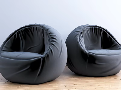 Modern Round Black Bean Bag Single Sofa on Wooden Floor and Light Wall 3d model