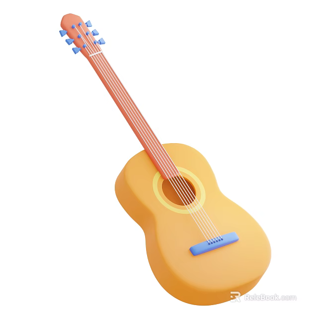 Yellow Toy Guitar For Kids With Blue Tuning Pegs And Bridge 3d model 
