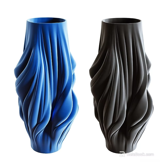 Ceramic Vases With Blue And Black Wavy Texture For Modern Home Decor 3d model 
