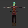 3D Female Warrior Character In Red Black Outfit With Arm Guards And Outstretched Arms