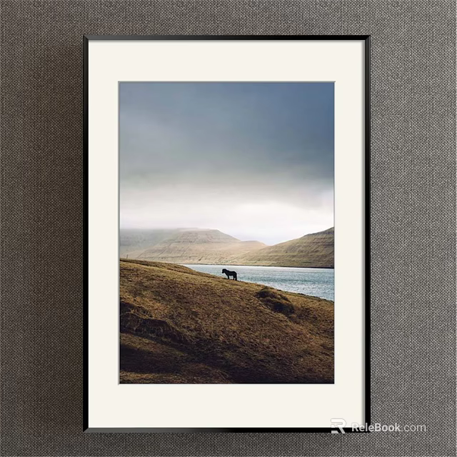Landscape Painting Of Grassy Hillside With Calm Lake Distant Mountains And Cloudy Sky 3d model 