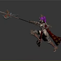 Female Warrior In Ornate Armor Wielding Spear With Purple Hair Red Cape Gold Stars