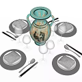 Elegant Dinnerware Set with Turquoise Vase Black Plates Gray Placemats Wine Glasses and Silver Cutlery