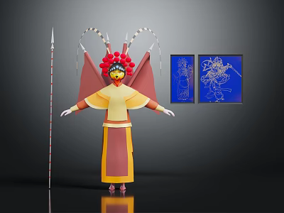 Traditional Costume Character With Red Headdress And Mythical Creature Illustrations 3d model