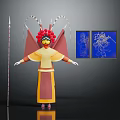 Traditional Costume Character With Red Headdress And Mythical Creature Illustrations