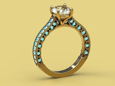 Stunning Statement Ring with Large Center Diamond and Blue Side Stones on Golden Band 3d model
