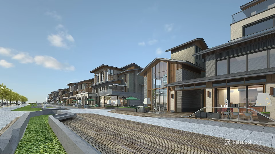 Modern Commercial Street With Multi Story Buildings Large Windows Pedestrian Walkway And Outdoor Seating 3d model 