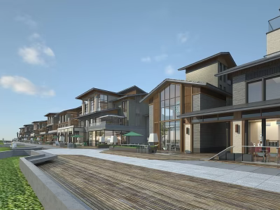 Modern Commercial Street With Multi Story Buildings Large Windows Pedestrian Walkway And Outdoor Seating 3d model
