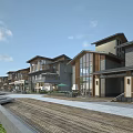 Modern Commercial Street With Multi Story Buildings Large Windows Pedestrian Walkway And Outdoor Seating