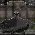 Gray Concrete Background Wall With Grid Design Light Strips Rock Pine Tree On Gravel Ground