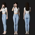 Woman Wearing White Top Light Blue Skinny Jeans and High Heels in Three Different Angles